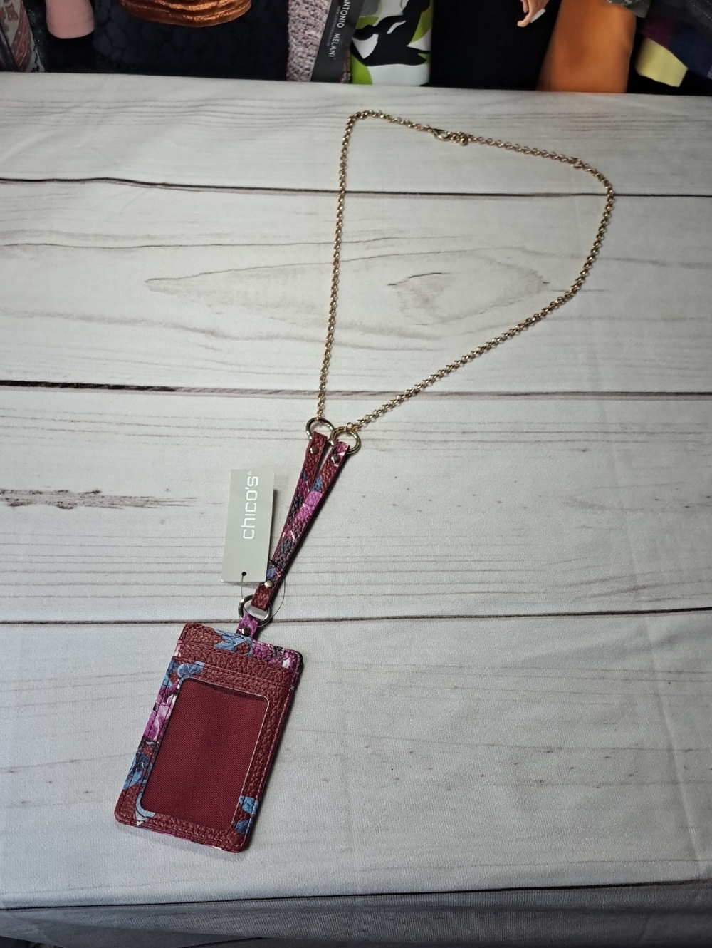Chico's Burgundy Floral Card Holder Lanyard with Gold Tone Chain